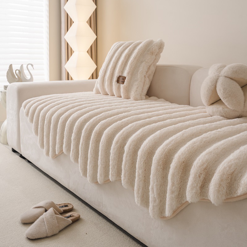 New Vertical-striped Rabbit Fur Sofa Cushion Winter Plush And Non-slip