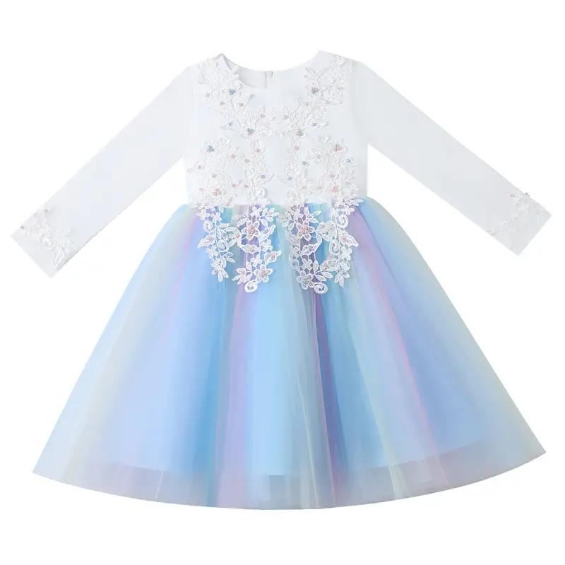 Girls' Rainbow Gradient Mesh Dress with Floral Lace Bodice