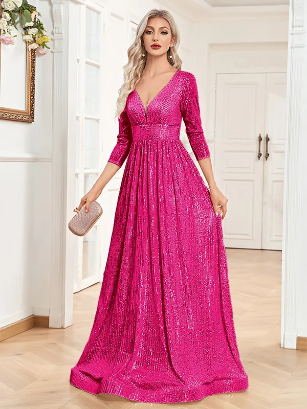 Sequined Fall V-neck High Waist Party Formal Dress - Rose Red