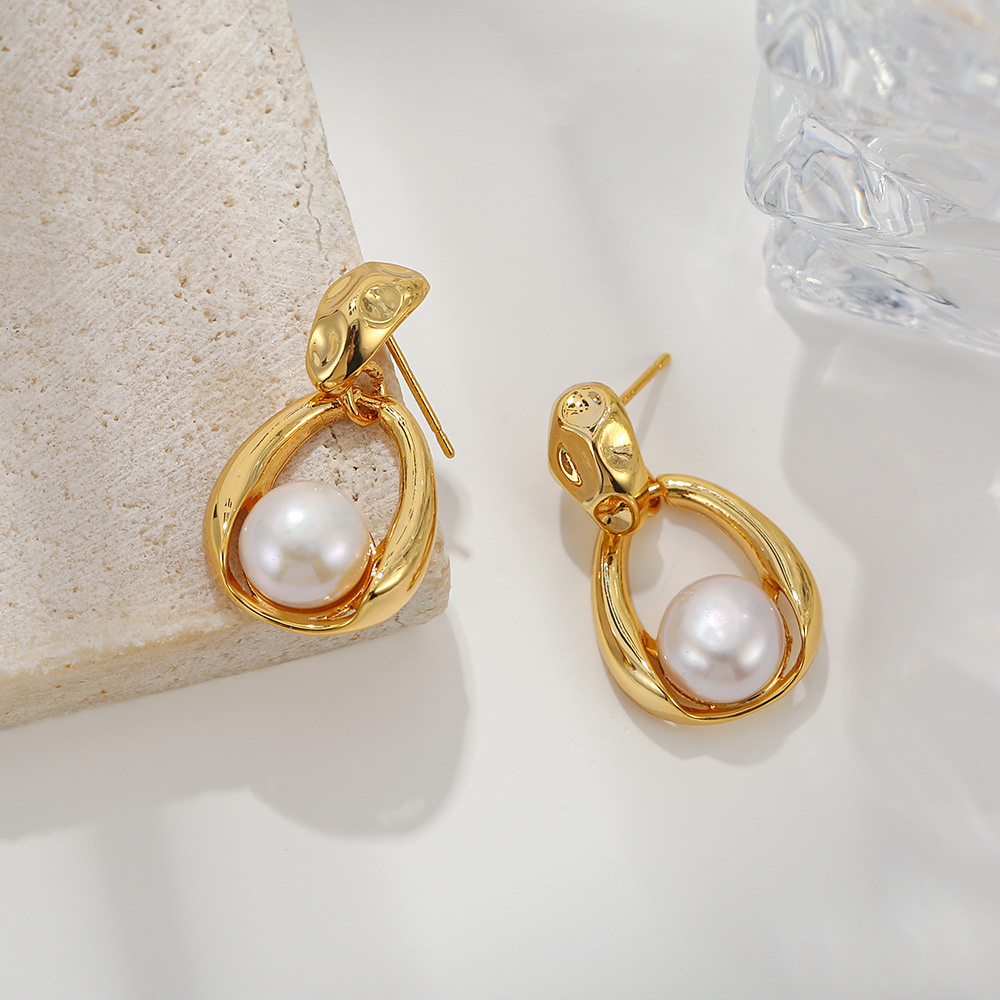 French Entry Lux Metal Pearl Ball Earrings