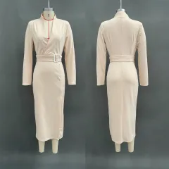 Autumn Elegant V-neck Slim Fit Medium Long Sheath Slit Fashionable Dress For Women - Khaki - View 1