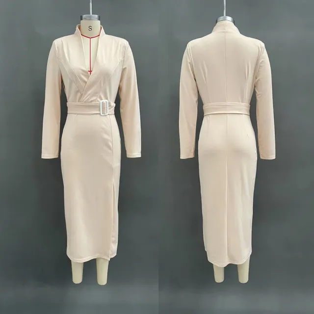 Autumn Elegant V neck Slim Fit Medium Long Sheath Slit Fashionable Dress For Women Khaki - Shop at LoveMi