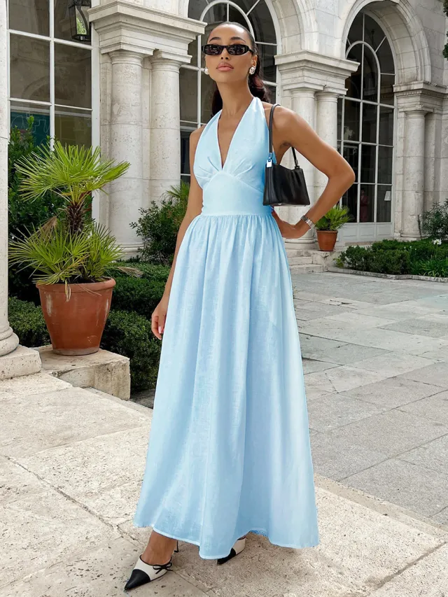 Halter Lace up Backless Long Dress Light Blue - Shop at LoveMi