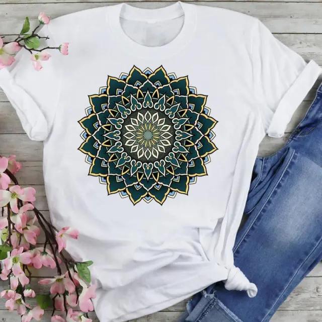 T shirt Women's Printed Short Sleeve Datura Flower Floral Print White Round Neck J25606 - Shop at LoveMi
