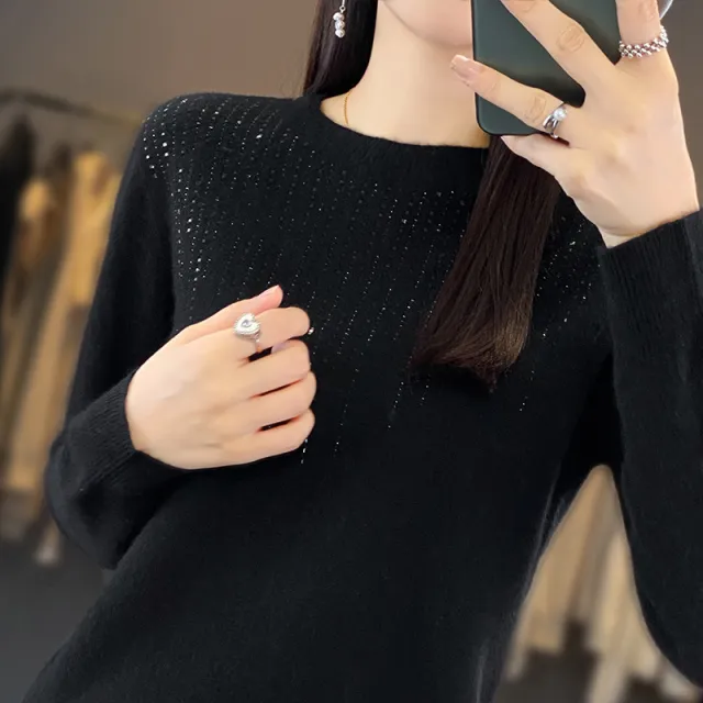 Round Neck Rhinestone Long sleeved Knitted Bottoming Shirt Women's Pullover Sweater Classic Black - Shop at LoveMi