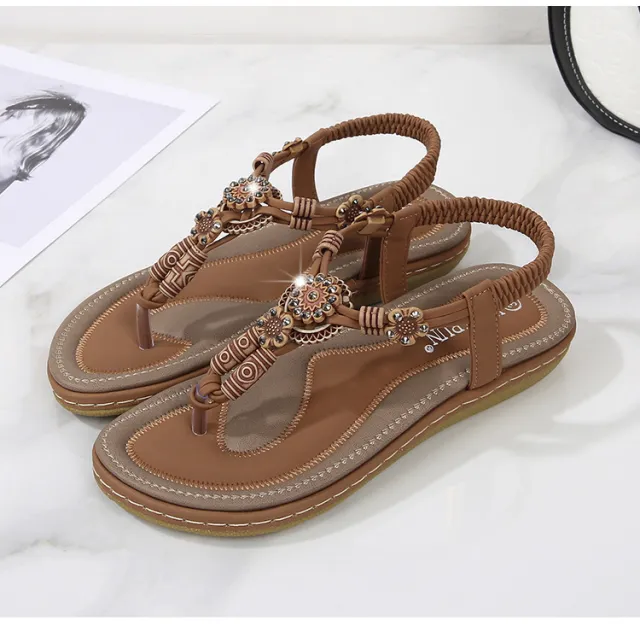 Women's Sandals Wooden Bead Woven Large Size Flat Bottom Casual Brown - Shop at LoveMi