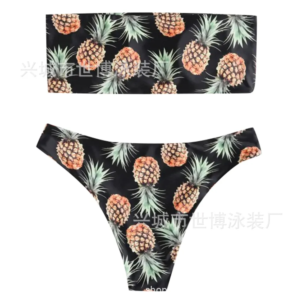 Tube Top Bikini Pineapple Swimsuit Split Swimsuit Women Swimwear - Black