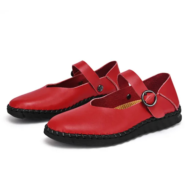 Buckle Flat Shoes Shallow Mouth Pumps Retro Square Toe Mary Jane Shoes Red - Shop at LoveMi