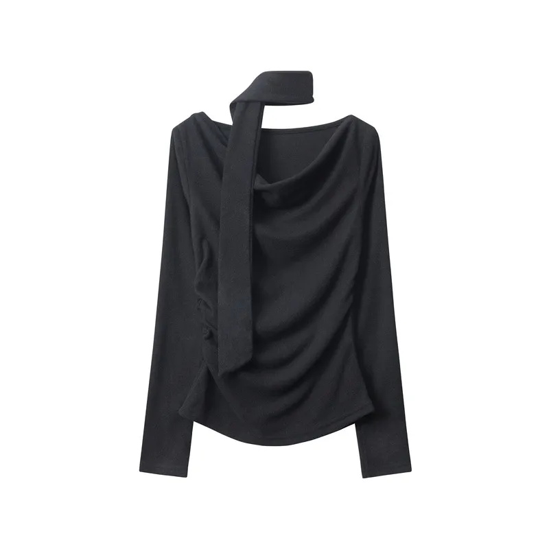 European And American High Class Elegant Scarf Top Women's Long Sleeve - Black