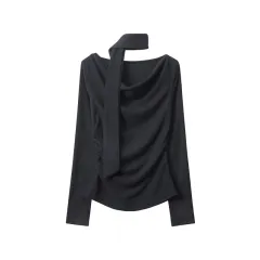 European And American High Class Elegant Scarf Top Women's Long Sleeve - Black - View 1