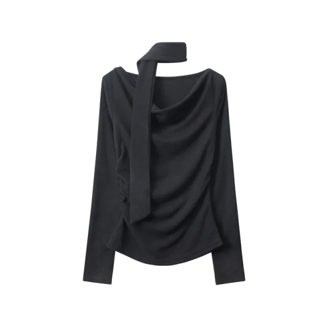 European And American High Class Elegant Scarf Top Women's Long Sleeve Black - Shop at LoveMi