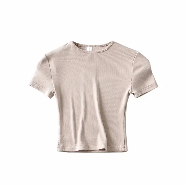 New Basic Style Slim fit Solid Color Round Neck Bottoming Shirt Workout Top Beige - Shop at LoveMi