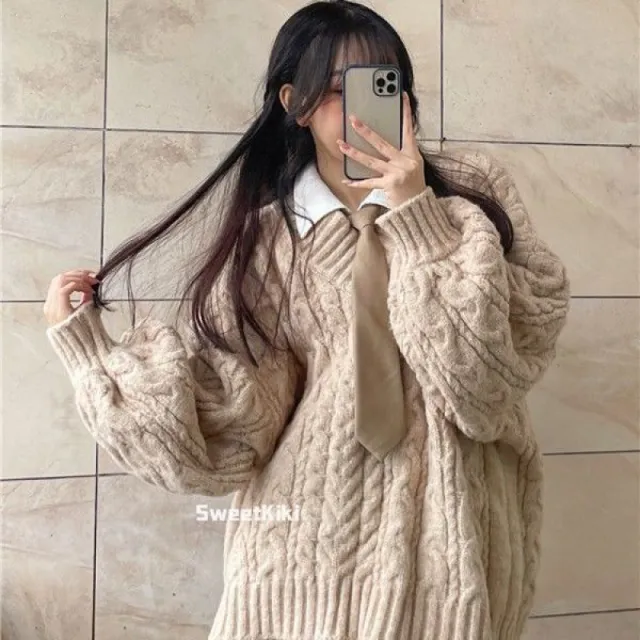 Idle Style Retro Thickened V neck Loose Sweater Khaki - Shop at LoveMi