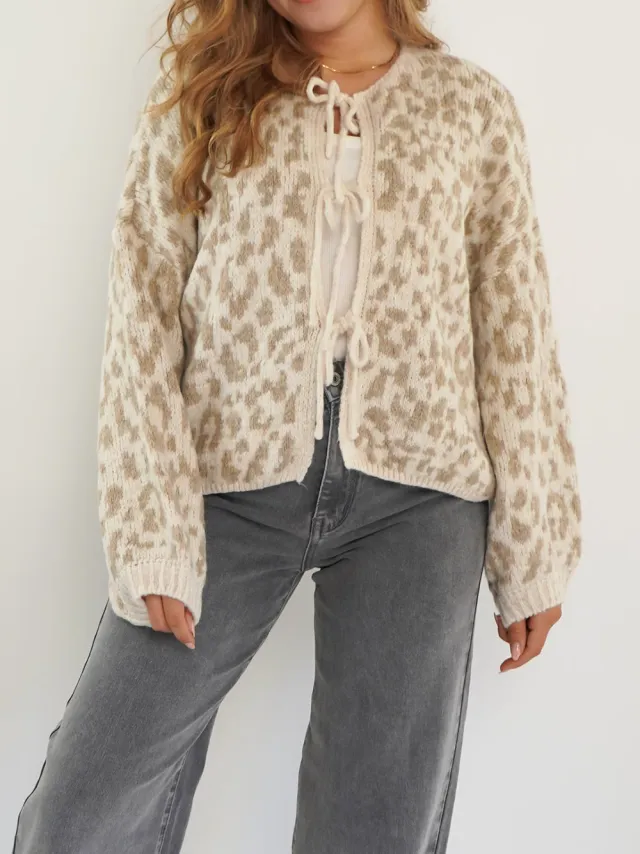 Round Neck Tied Leopard Print Knitted Cardigan Sweater Khaki - Shop at LoveMi