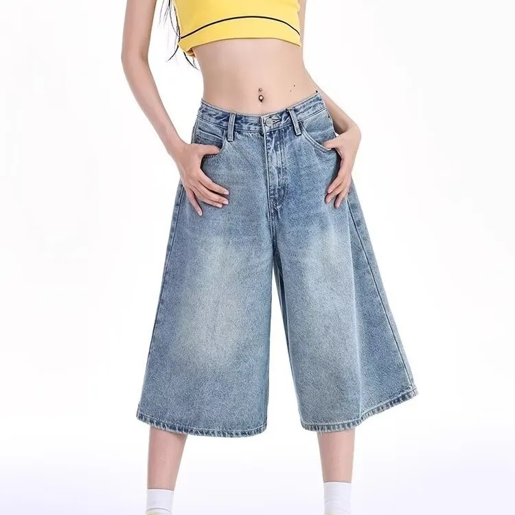 Cropped Jeans Women's Wide-leg Summer Inelastic - Light Blue