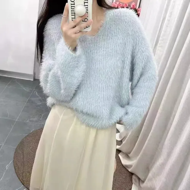 Korean Style Simple V neck Knitted Pullover Top Light Blue - Shop at LoveMi