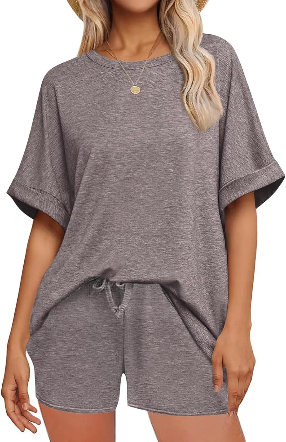 Casual Suit Oversized Short Sleeve T-shirt Drawstring Shorts Casual Wear Sportswear - Taupe-Xl