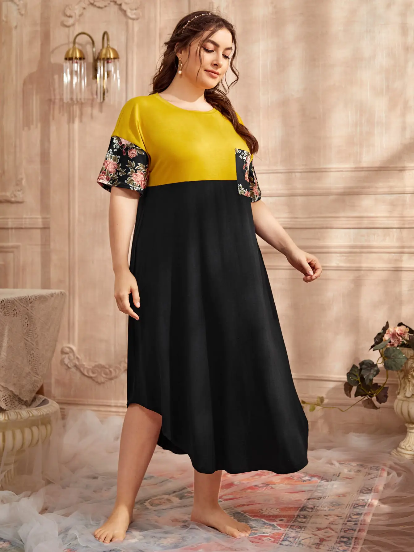 Irregular Hem Dress Stitching Printing Color Contrast Short Sleeve Pocket