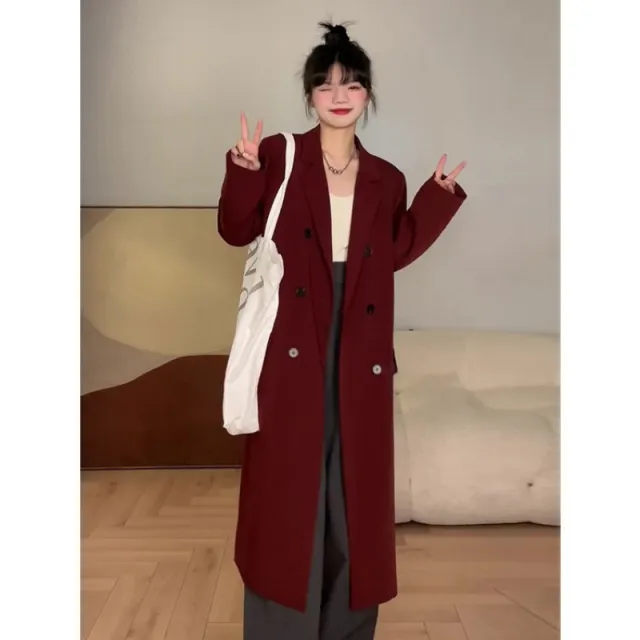 High grade Red Mid length Suit Woolen Coat For Women Wine Red - Shop at LoveMi