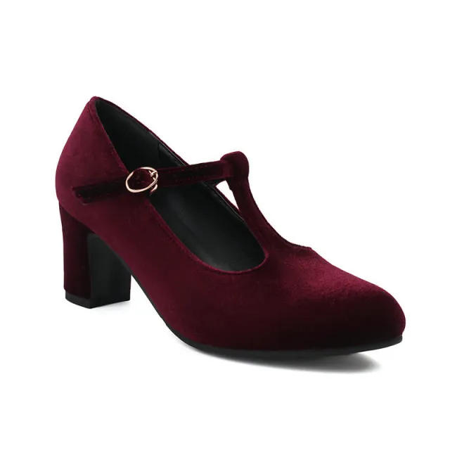 Fashion Women's Gold Velvet Chunky Heel T Buckle Lace up High Heels Wine - Shop at LoveMi