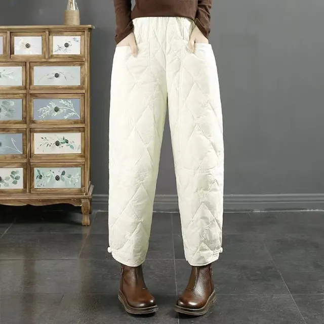 Women's Retro Artistic Solid Color Down Wadded Trousers Rhombic Pressure Wire Buckle Windproof Warm Casual Pants Beige - Shop at LoveMi
