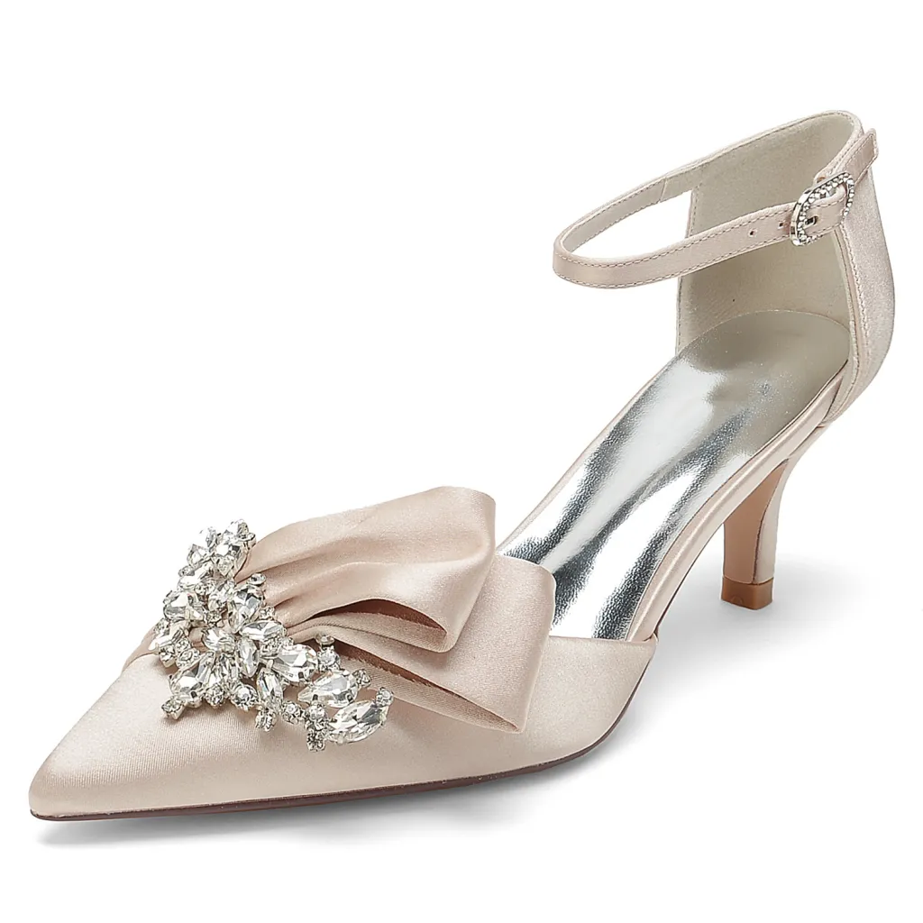 Wedding Bride Mid And Low Heel Pointed Toe Rhinestone High Heels - Champagne-37