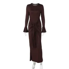 Temperament Waist-controlled Lace-up Round-neck Long-sleeved Dress - Brown - View 1