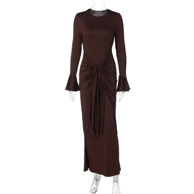 Temperament Waist controlled Lace up Round neck Long sleeved Dress Brown - Shop at LoveMi