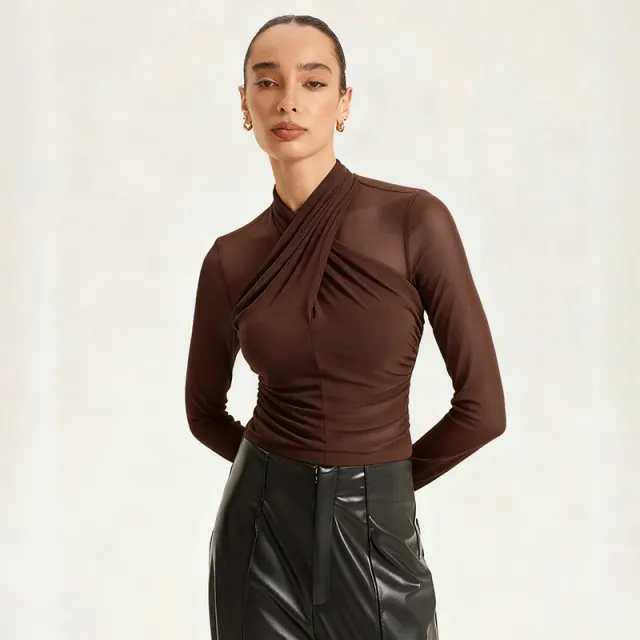 New Round neck Cross perspective Mesh Shirred Spliced Top Brown - Shop at LoveMi