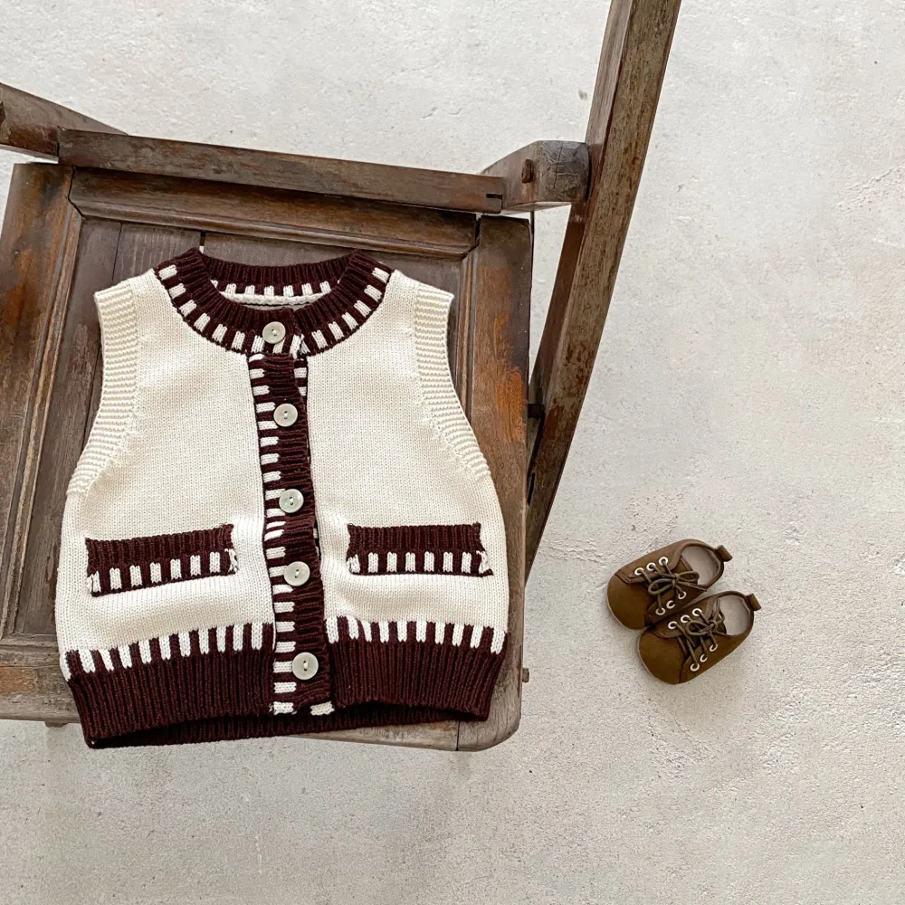 Baby Boys And Girls Contrast Color Knitted Vest Cardigan Cotton Knitted Sweater