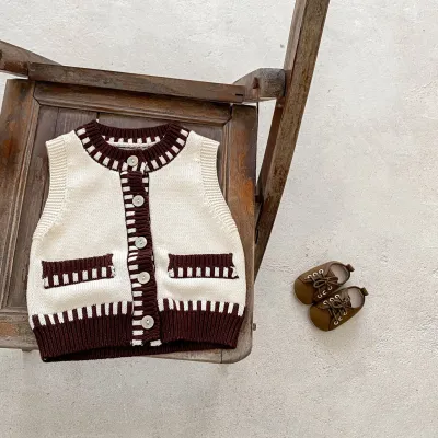 Baby Boys And Girls Contrast Color Knitted Vest Cardigan Cotton Knitted Sweater