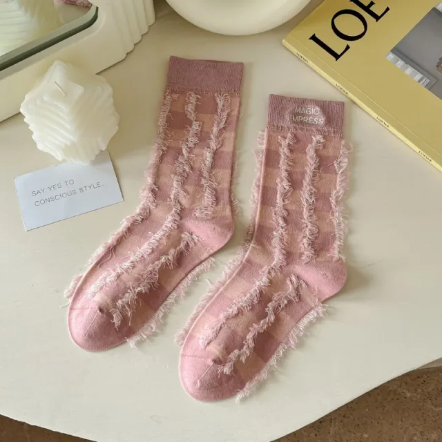 Tassel Embroidery Brushed Tube Socks Patch Pink - Shop at LoveMi