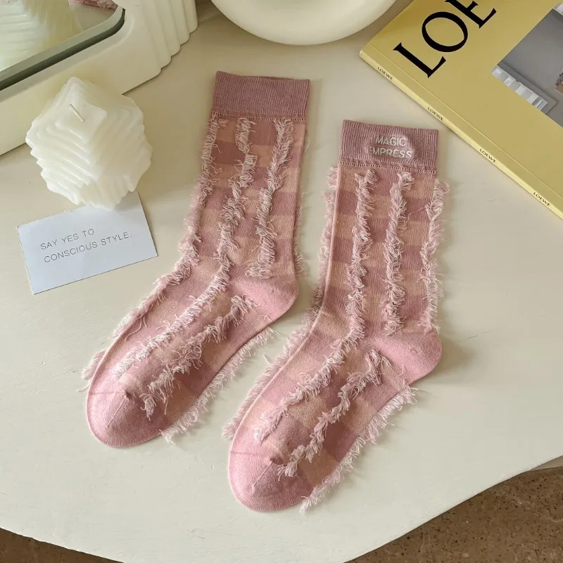 Tassel Embroidery Brushed Tube Socks Patch - Pink