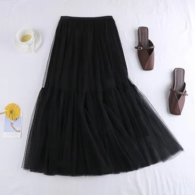 Tulle Skirt Versatile Solid Color Bottoming Mid length Black - Shop at LoveMi