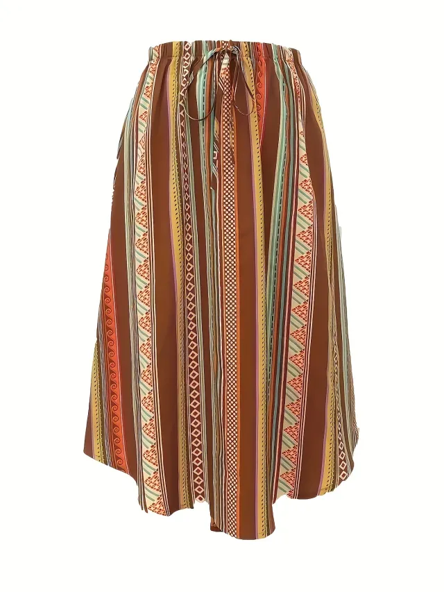 Women's National Fashion Casual Striped Skirt Khaki - Shop at LoveMi
