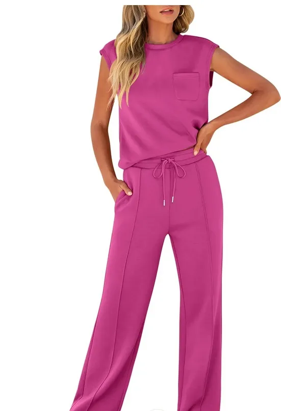 European And American Autumn And Winter New Sleeveless Casual High Elastic Loose Two piece Suit Women Rose Red - Shop at LoveMi