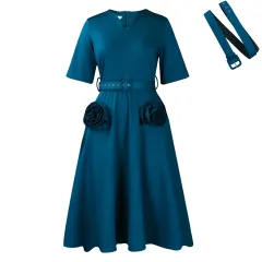 Fashion V-neck Elegant Short-sleeved Waist-tie Plus-size Dress - Peacock Blue Belt - View 1