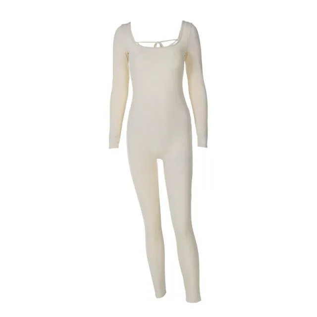 Fashion Backless Lace Up Slim Fit Long Sleeve Jumpsuit Apricot - Shop at LoveMi
