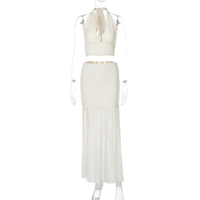 V neck Vest Mesh Patchwork Slit Skirt Casual Two piece Suit Apricot - Shop at LoveMi