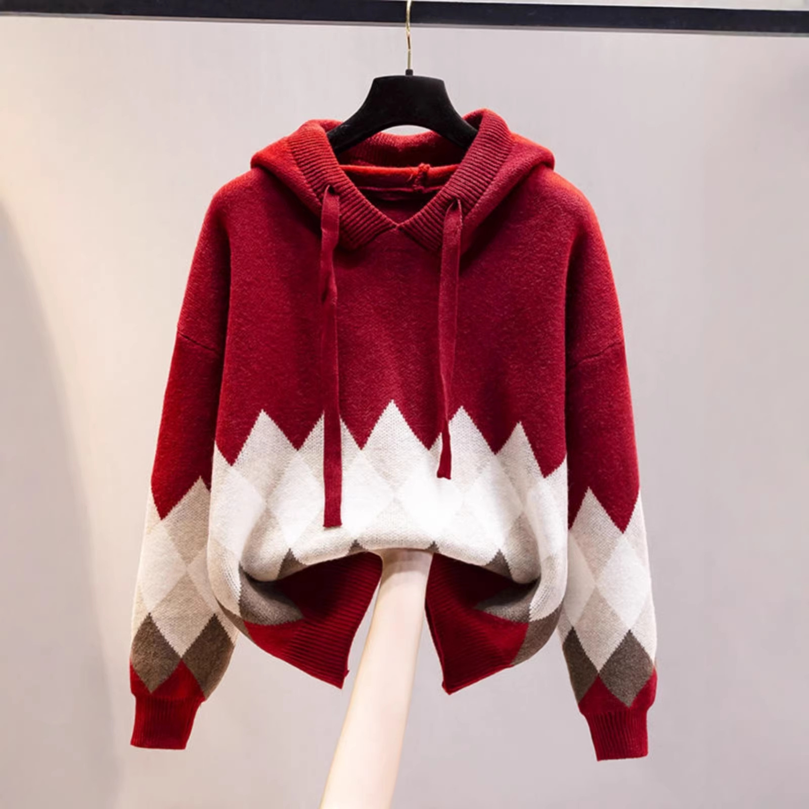 European And American-style Hooded Sweater Loose-fit Diamond-patterned Base Knit Top