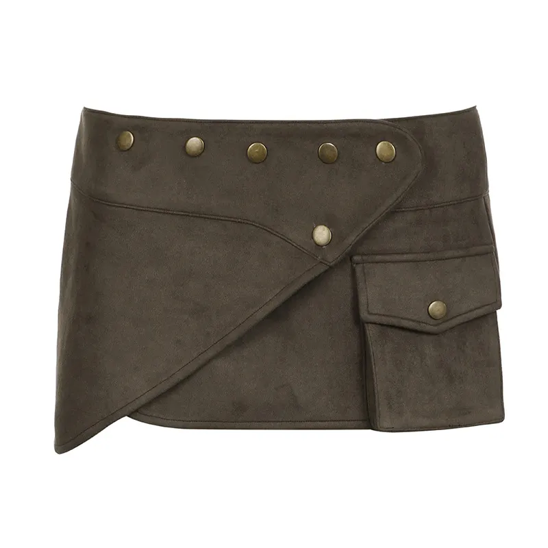 Waste Soil Style Metal Decorative Mini Hip Skirt For Women - Dark Brown