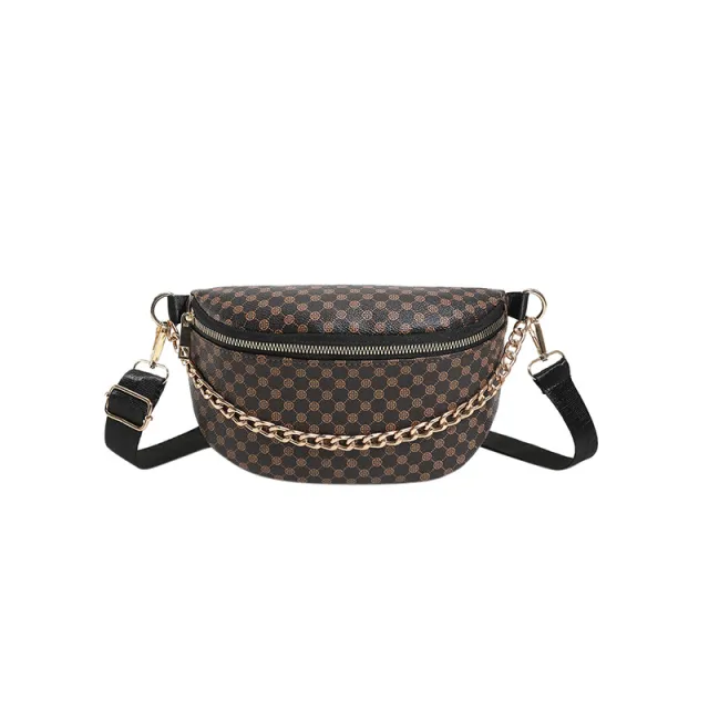 Metal Chain Shoulder Messenger Bag Full Printed Plaid Women Brown - Shop at LoveMi