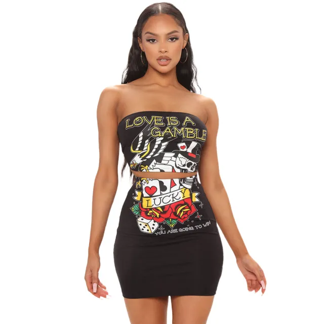 Fashion Nightclub Uniforms Sexy Backless Wrap Chest Printed Skirt Two piece Suit Black - Shop at LoveMi