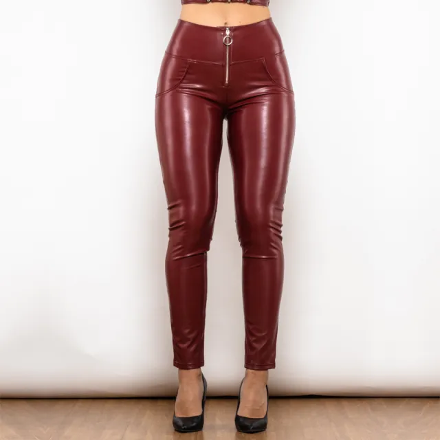 Wine Red Skin High Waist Tight Leather Pants Women 720Rlhpr - Shop at LoveMi