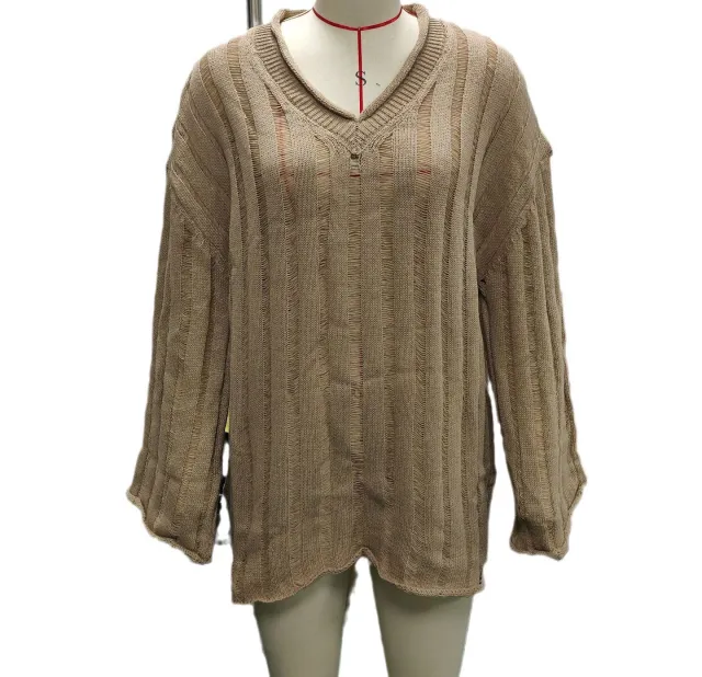 V neck Long Sleeve Vertical Stripes Hollow Loose Fashion Sweater Dark Khaki - Shop at LoveMi