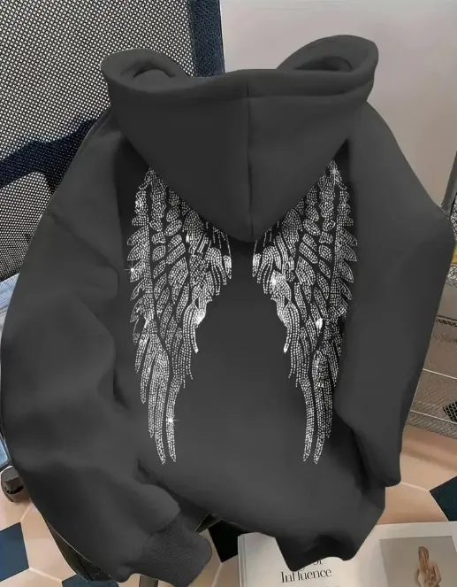 Trendy Minimalist Design Wings Printing Sweater Casual Loose Sweatshirt Pullover Dark Gray - Shop at LoveMi
