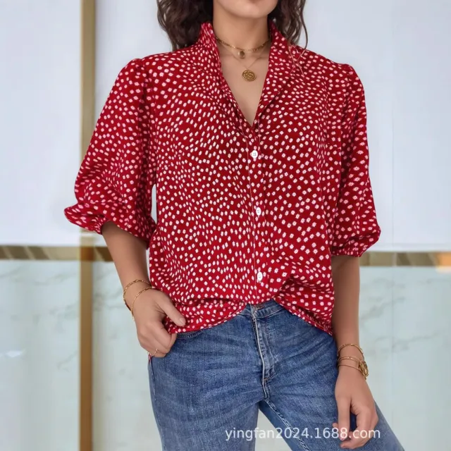 Women's Loose Print Versatile Button Up Shirt Red - Shop at LoveMi