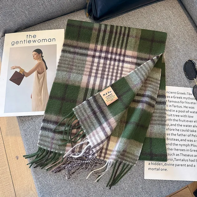 Pure Wool Plaid Scarf British Classic Dark Green Light Camel Plaid - Shop at LoveMi