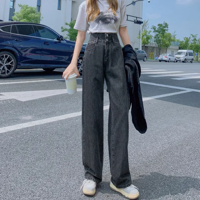 Women's High Waist Straight Loose Slimming Small Wide Leg Jeans Black Gray - Shop at LoveMi