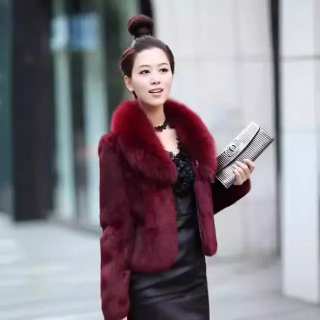 Womens Short Faux Rex Rabbit Fur Coat Slim Fit Wine - Shop at LoveMi